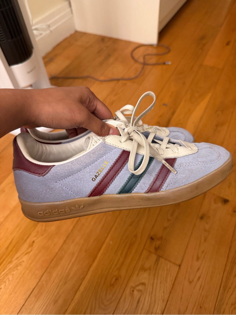 Adidas Gazelle Light Blue Suede Sneakers with Maroon & Green Stripes
